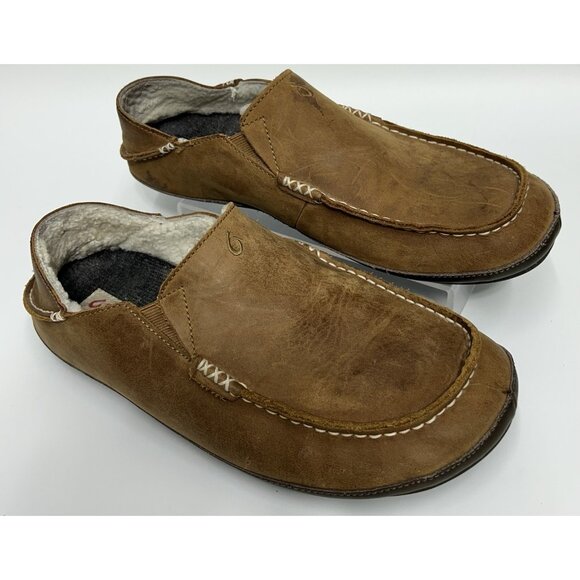 Olukai Moloa Slippers Shoes Mens 11 Brown Leather Sheepskin Lined Slip On Loafer main image 9